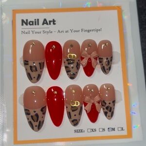 10 PC Hand Crafted Leopard & Red French Nails NWT